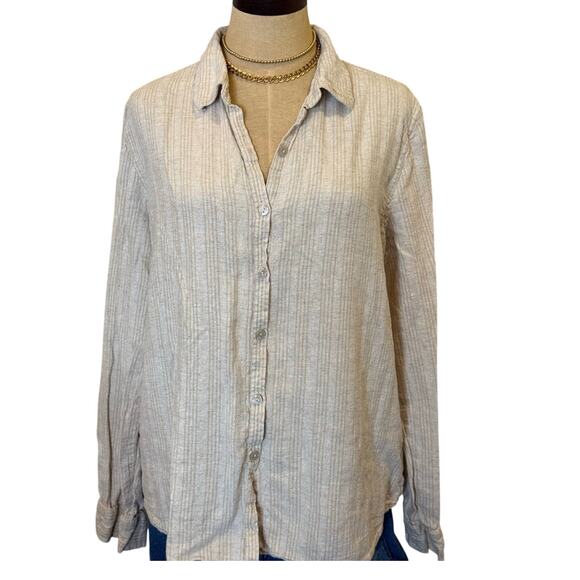ORVIS Tan Button Down Shirt Top Blouse Women size L Linen Blend Tan Striped - Picture 1 of 9